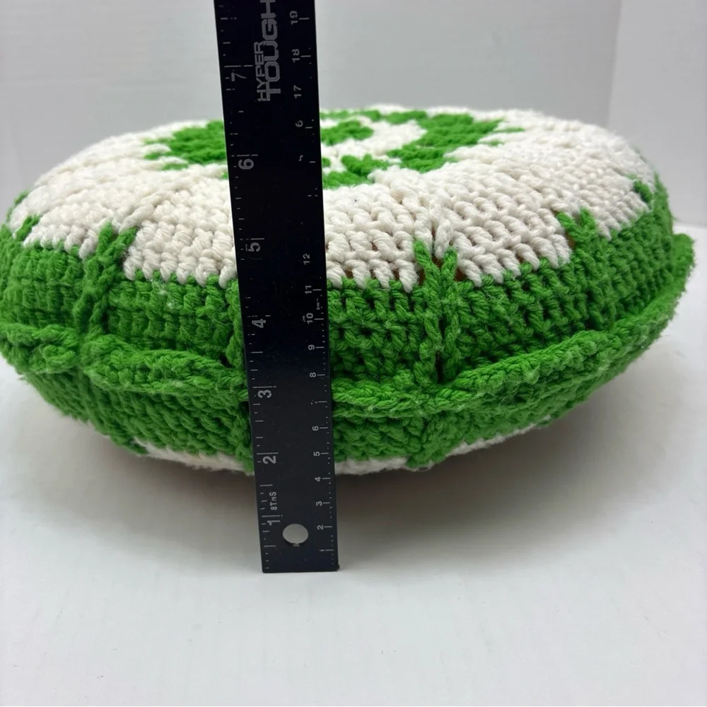 Vintage Crochet Pillow Flower Green White Knit Handmade Foam Cushion Retro